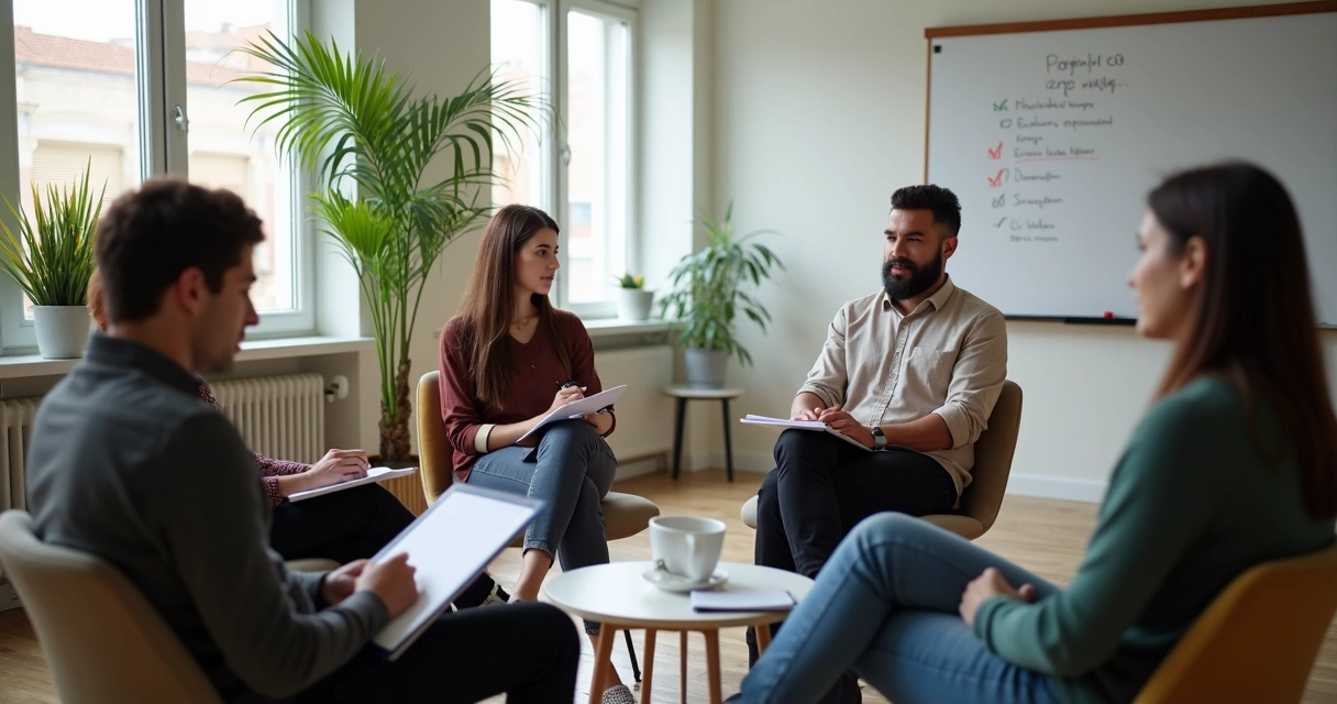 Team seated in a circle reflecting after a project meeting 