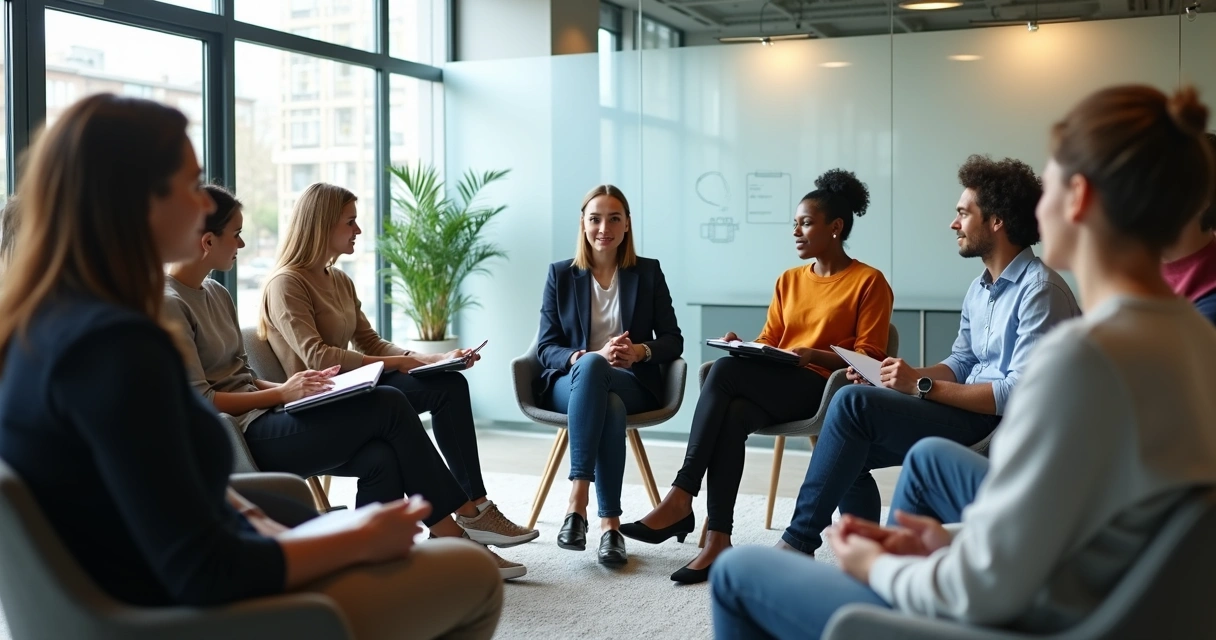 Diverse team in a circle practicing mindful listening in a bright office 