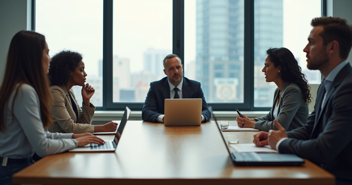 Diverse team in a meeting room showing tension and support around a discussion 