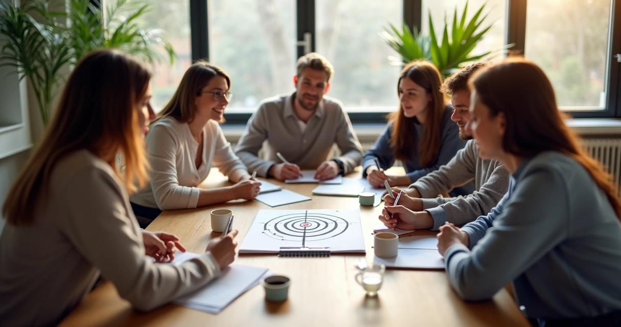 Group gathered around a table aligning on a shared goal