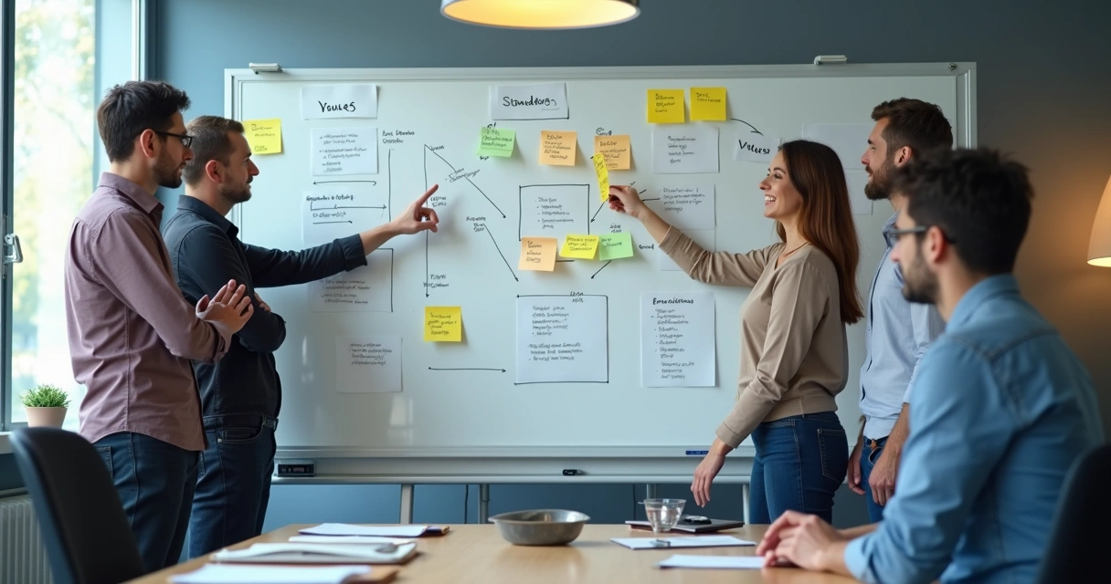 Team reviewing a purpose mapping board in an office