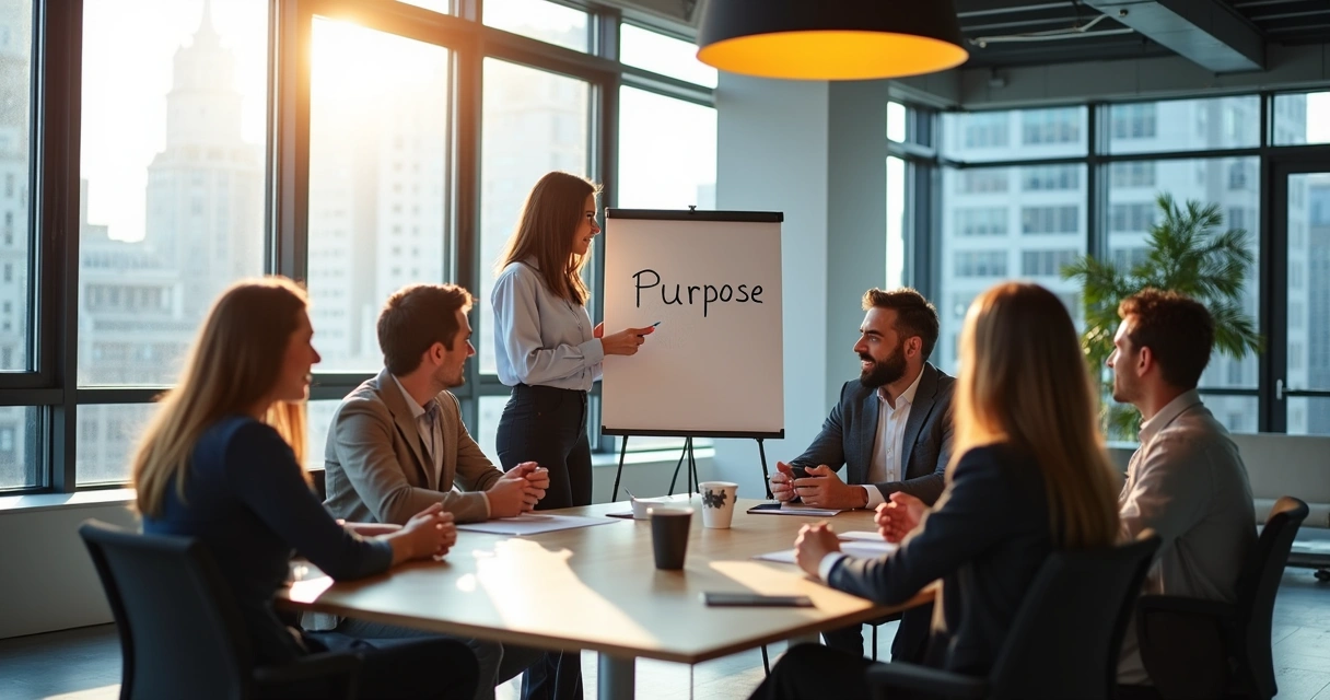 Group of professionals discussing purpose in a modern office meeting room 