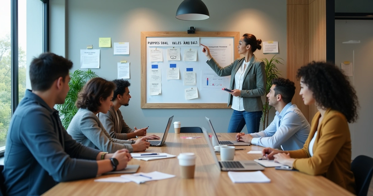 Team in a strategy workshop around a table with purpose notes on a wall