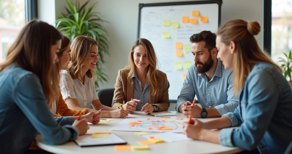 Five coworkers collaboratively working to solve a problem around a table. 