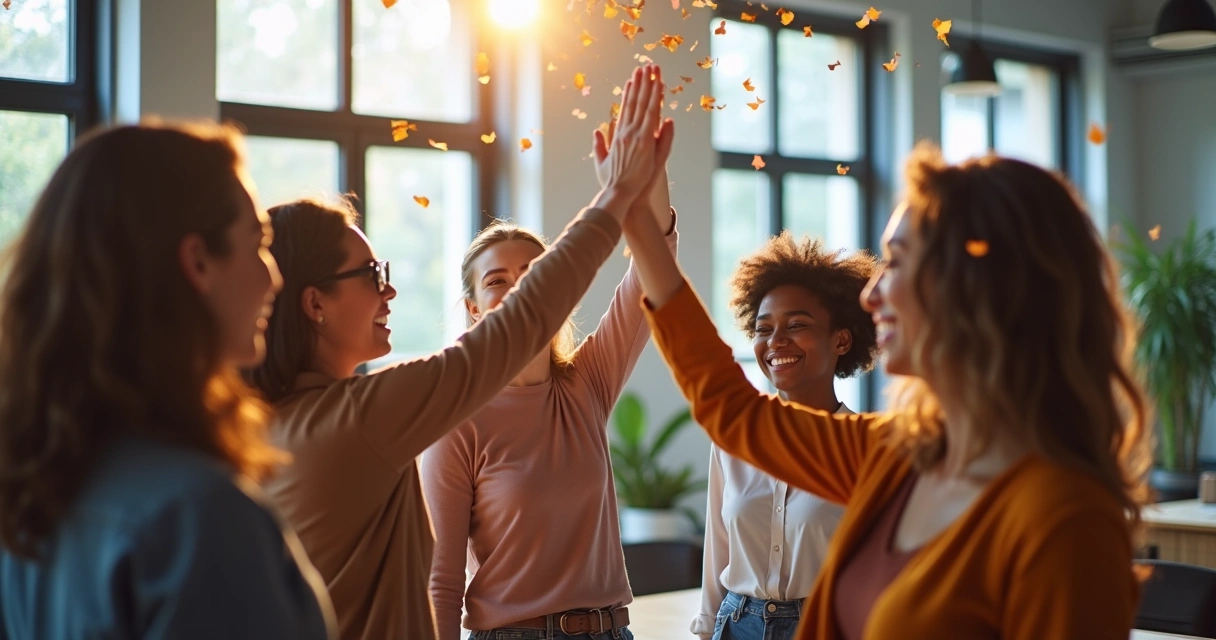 Team celebrating together with high fives and smiles