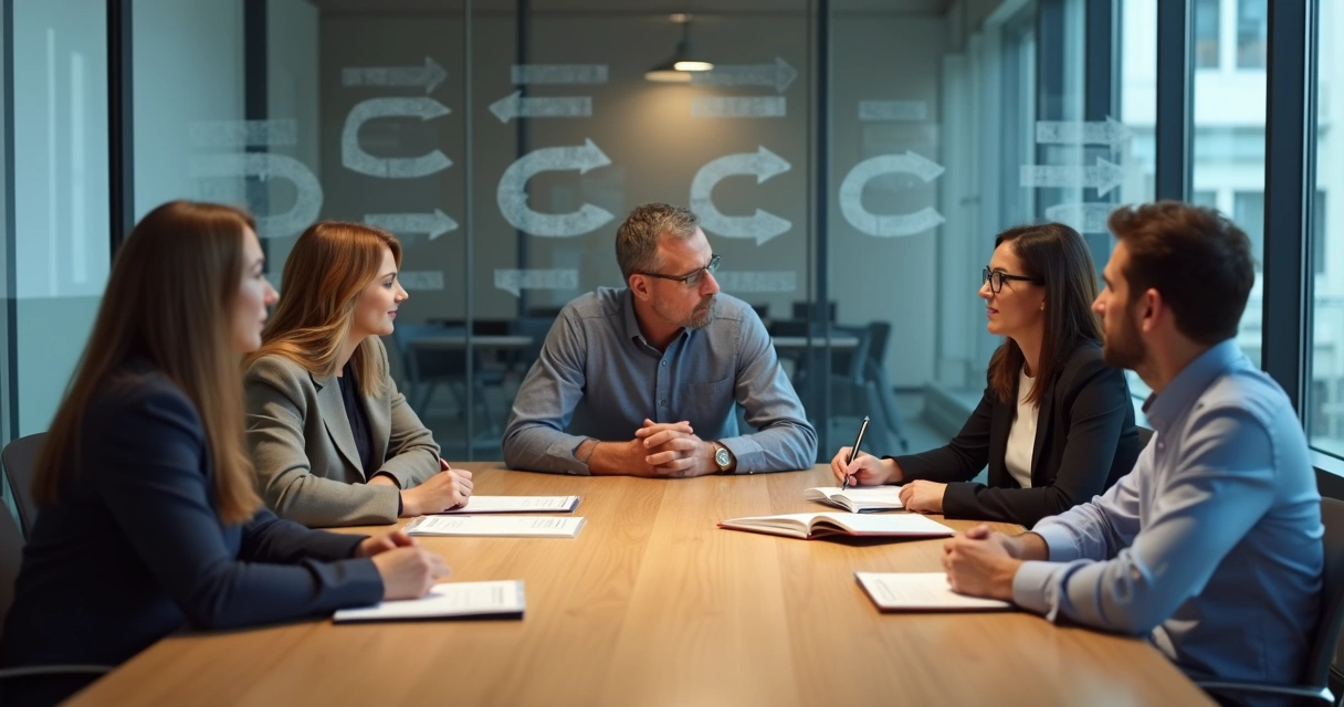 Diverse team around a table with one member highlighted in reflective focus 