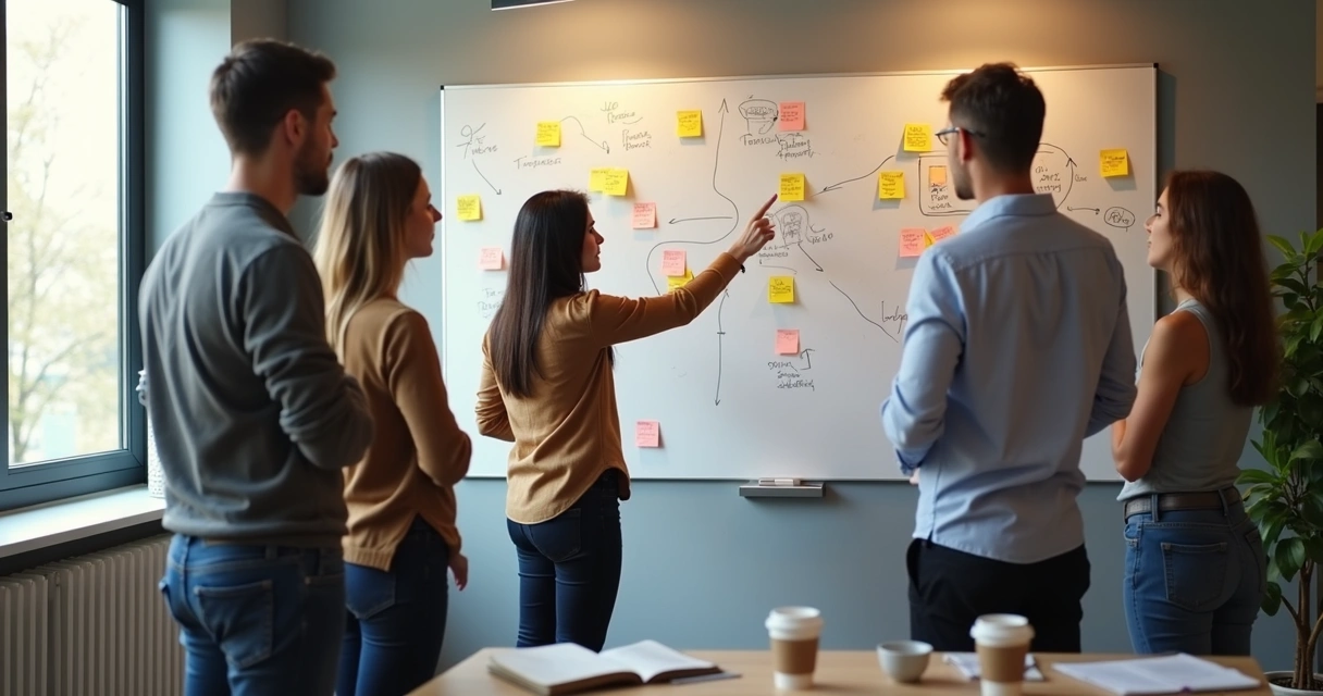 Team reflecting together in front of a planning board