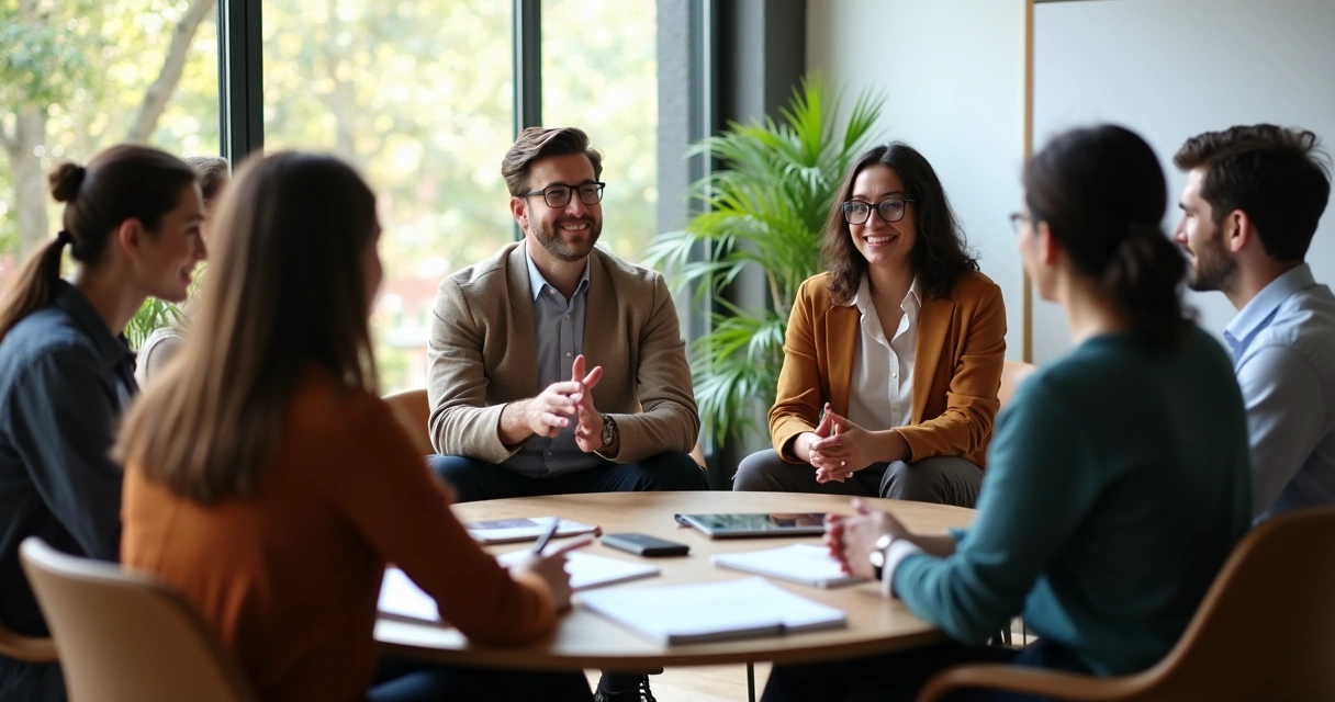 Team gathered in a circle in a bright office, engaged in a reflective group discussion 