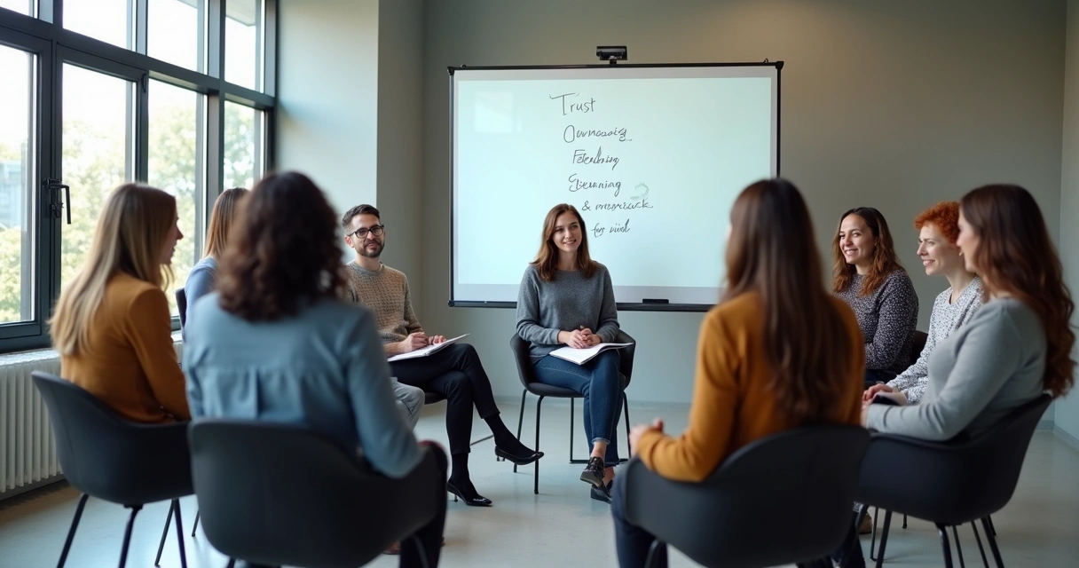 Team seated in a circle during a guided reflection session