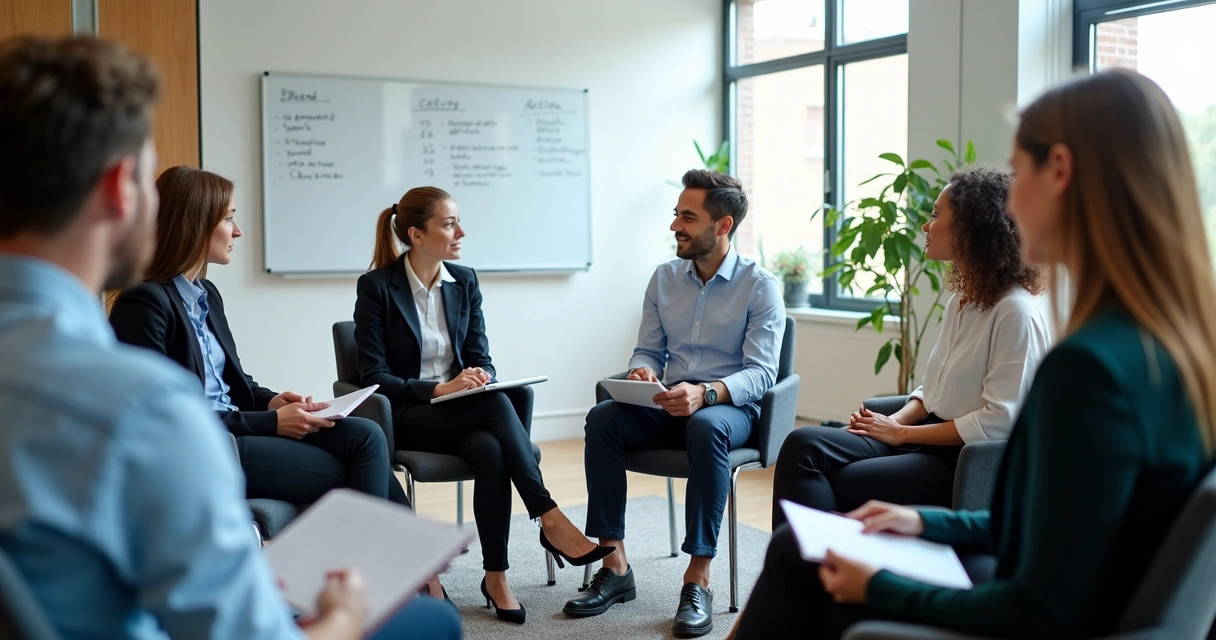 Team seated in a circle during a reflective business ritual 