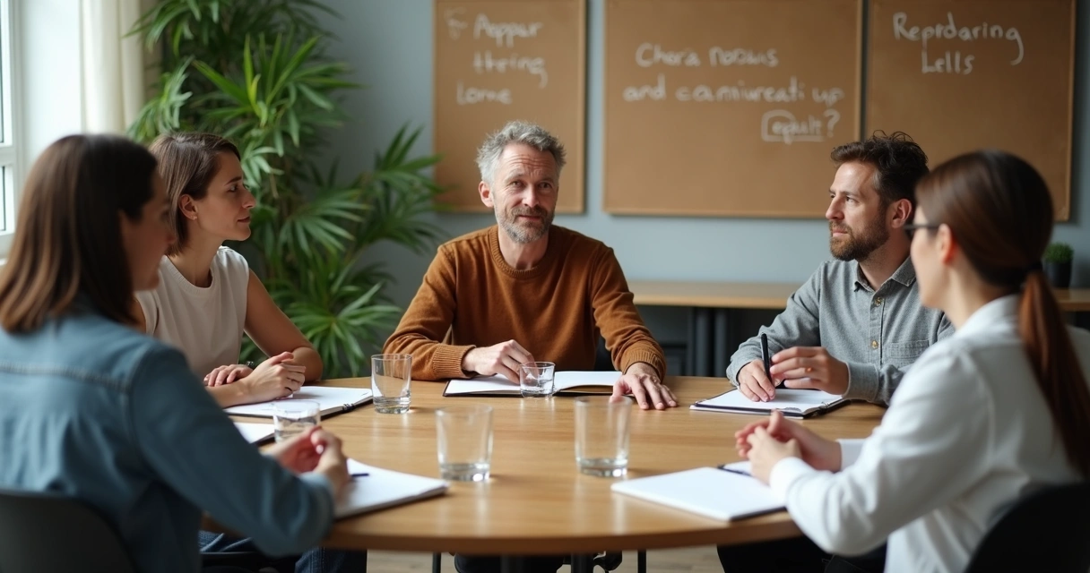 Team members in reflective discussion around a table 