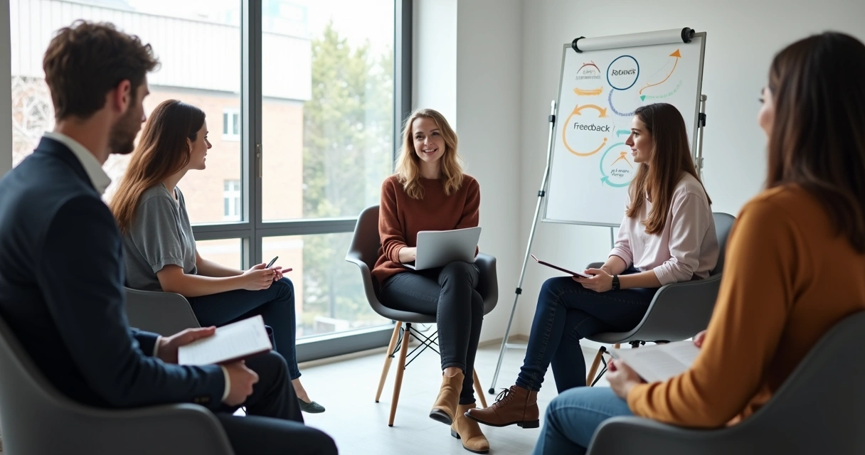Small team reflecting together in a calm meeting room