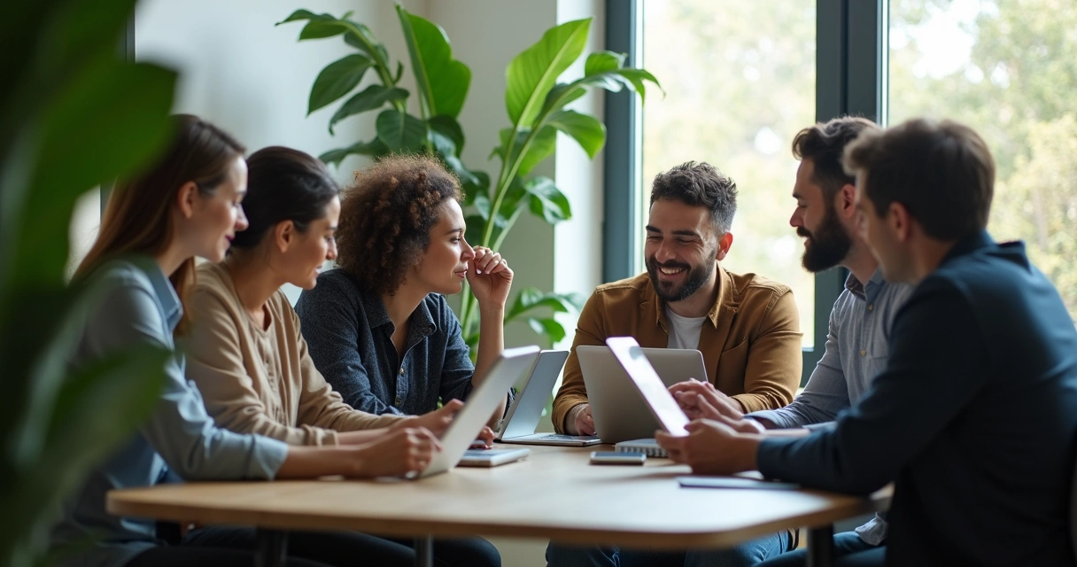 Team reflecting together in a modern office, focused and collaborative 