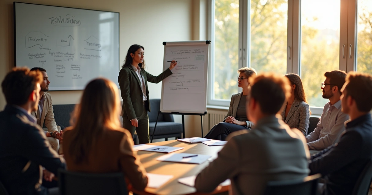 Small group of professionals discussing together, displaying attentive body language