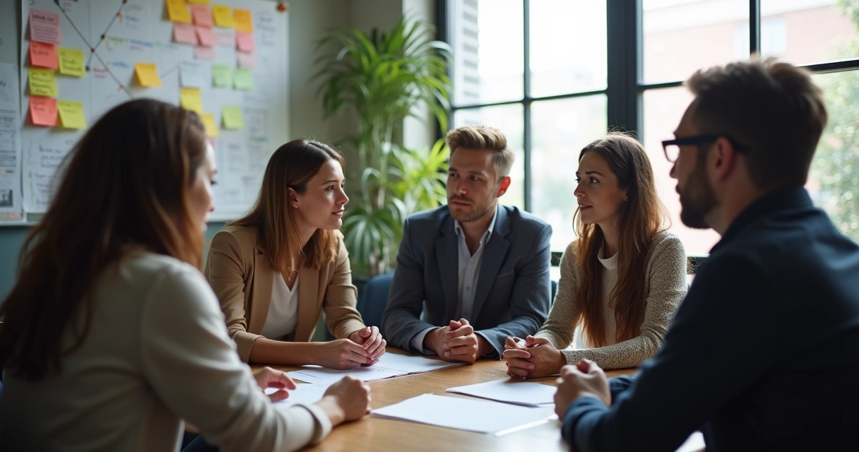Team members gathered in a circle, pensively discussing and reflecting with a visible mapping chart on a wall 