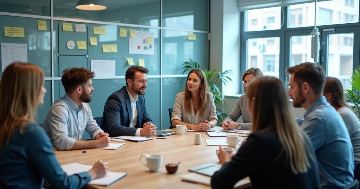 Team seated in a meeting room reflecting together over notes and charts