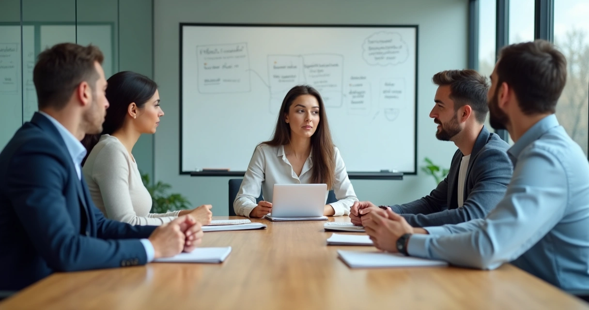 Team in a meeting room reflecting on feedback and growth