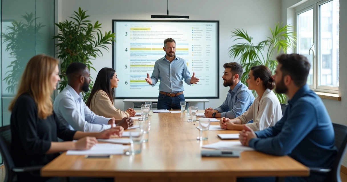 Team in a quiet meeting room during a reflective change discussion 