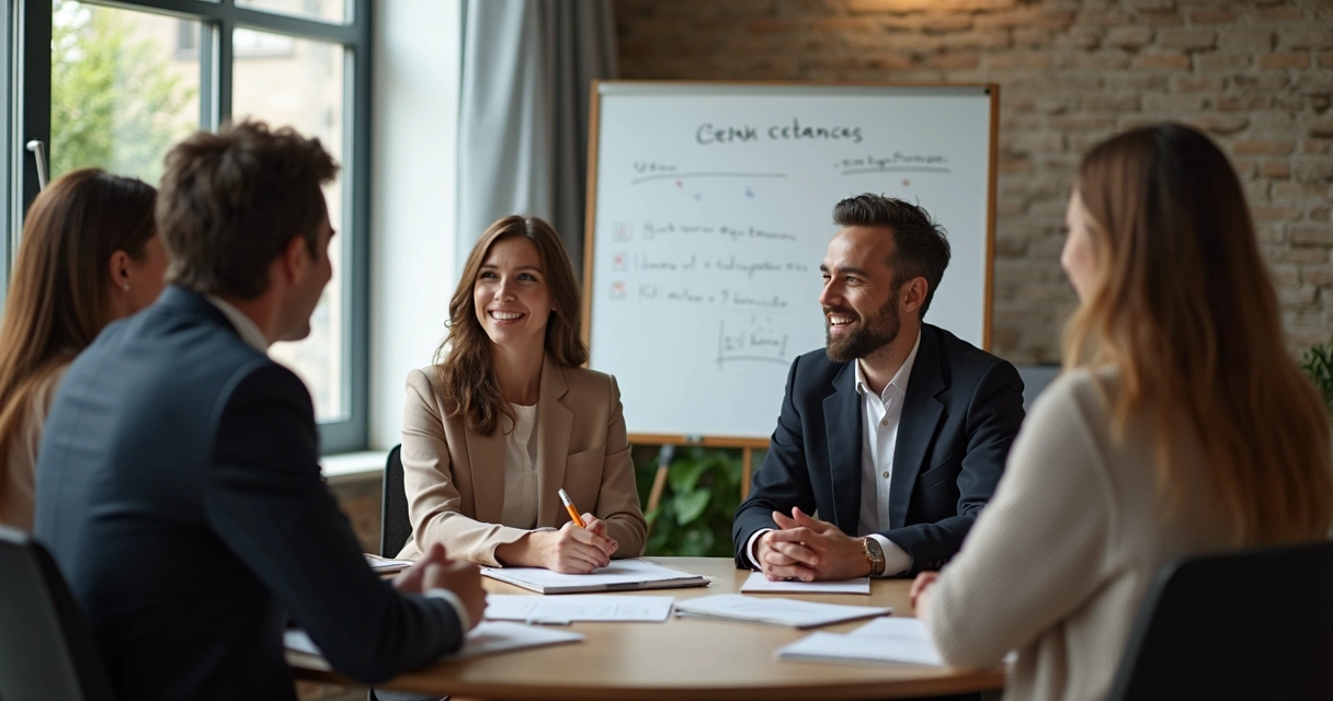 Team gathered for a reflection meeting with positive and open body language 