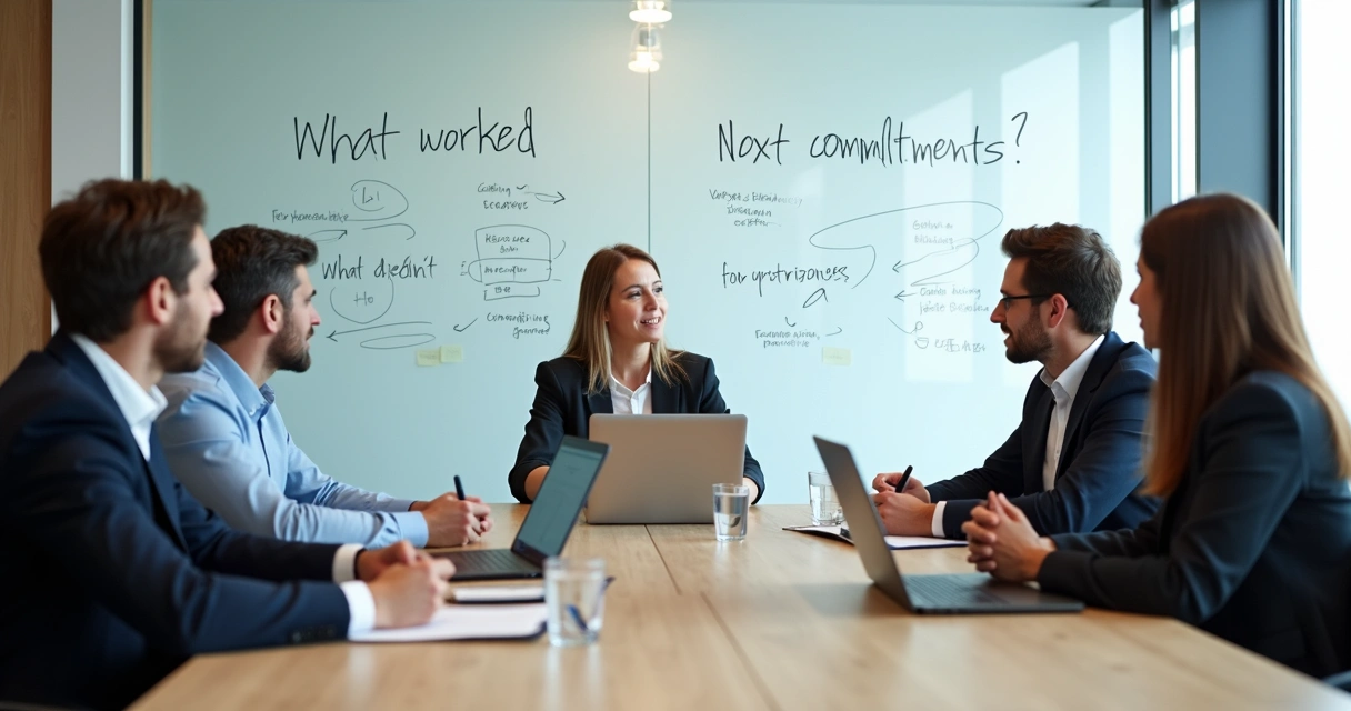 Diverse team in a meeting room pausing to reflect together 