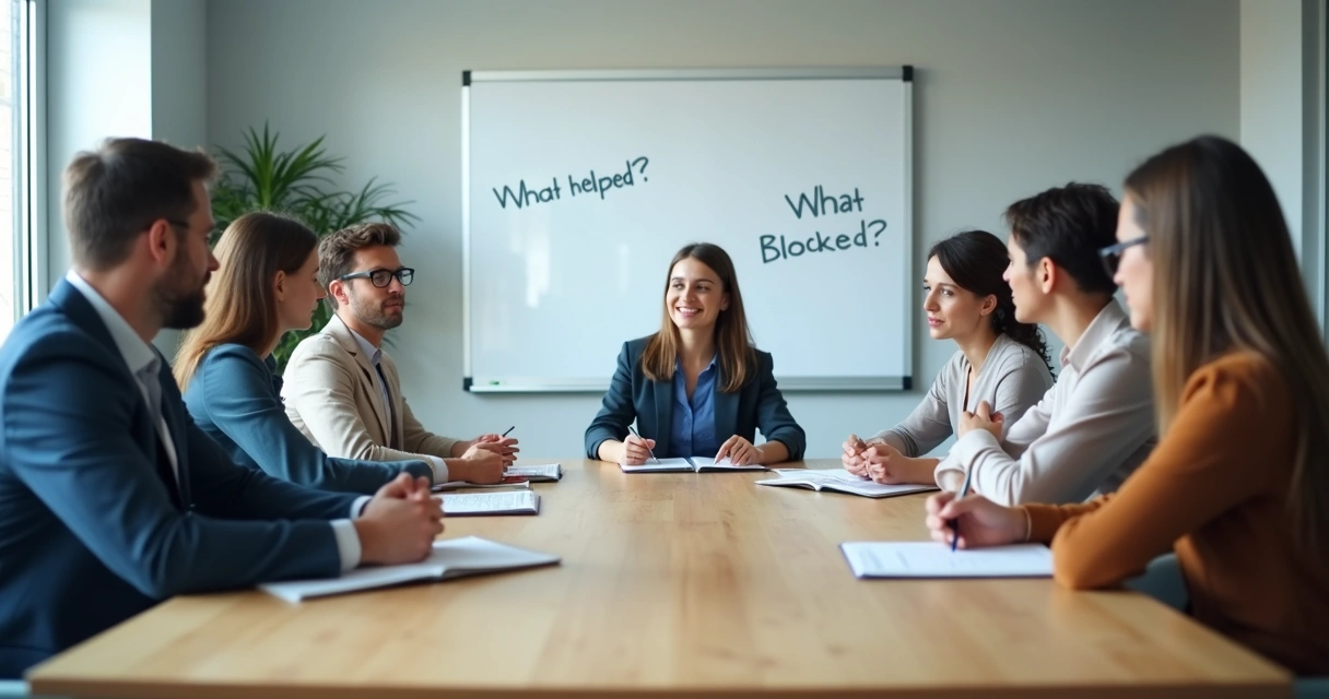 Team seated in a meeting room during a reflective check-in 