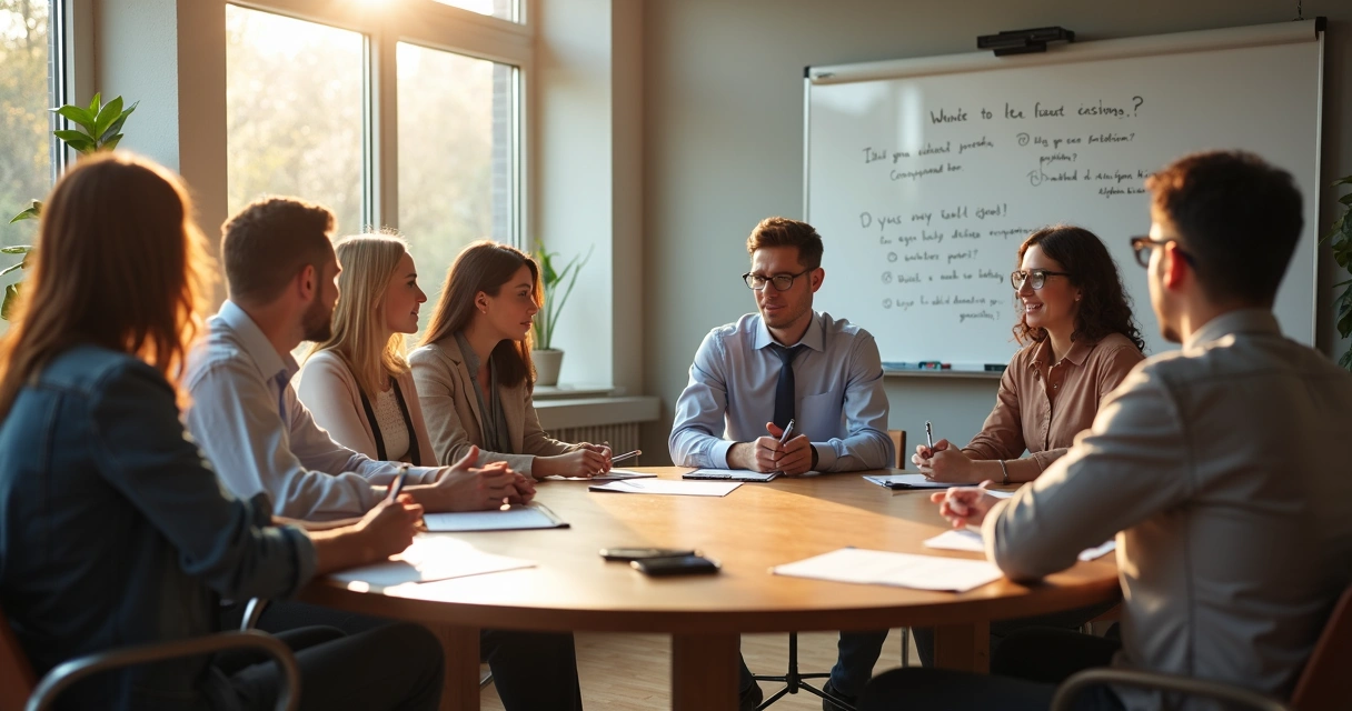 Group of coworkers in team reflection meeting