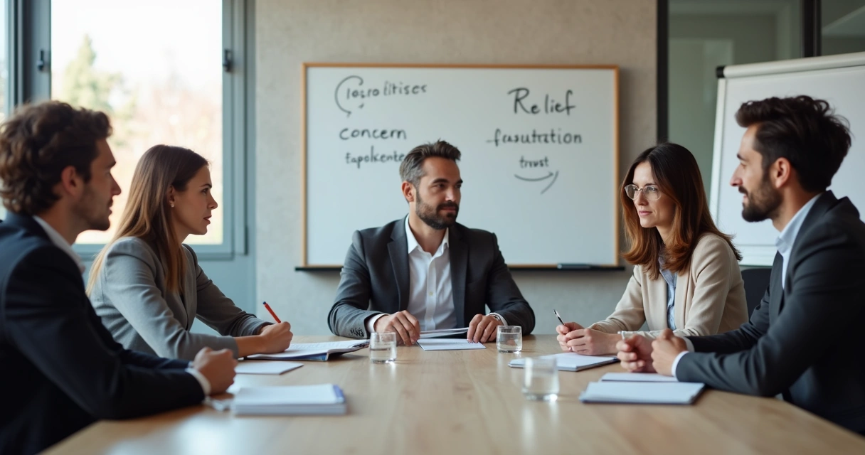 Small team in a thoughtful meeting