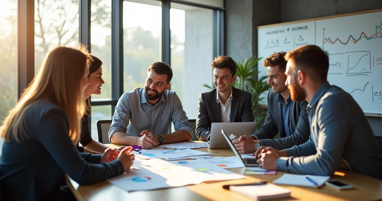 Group of colleagues in a bright office reviewing data together