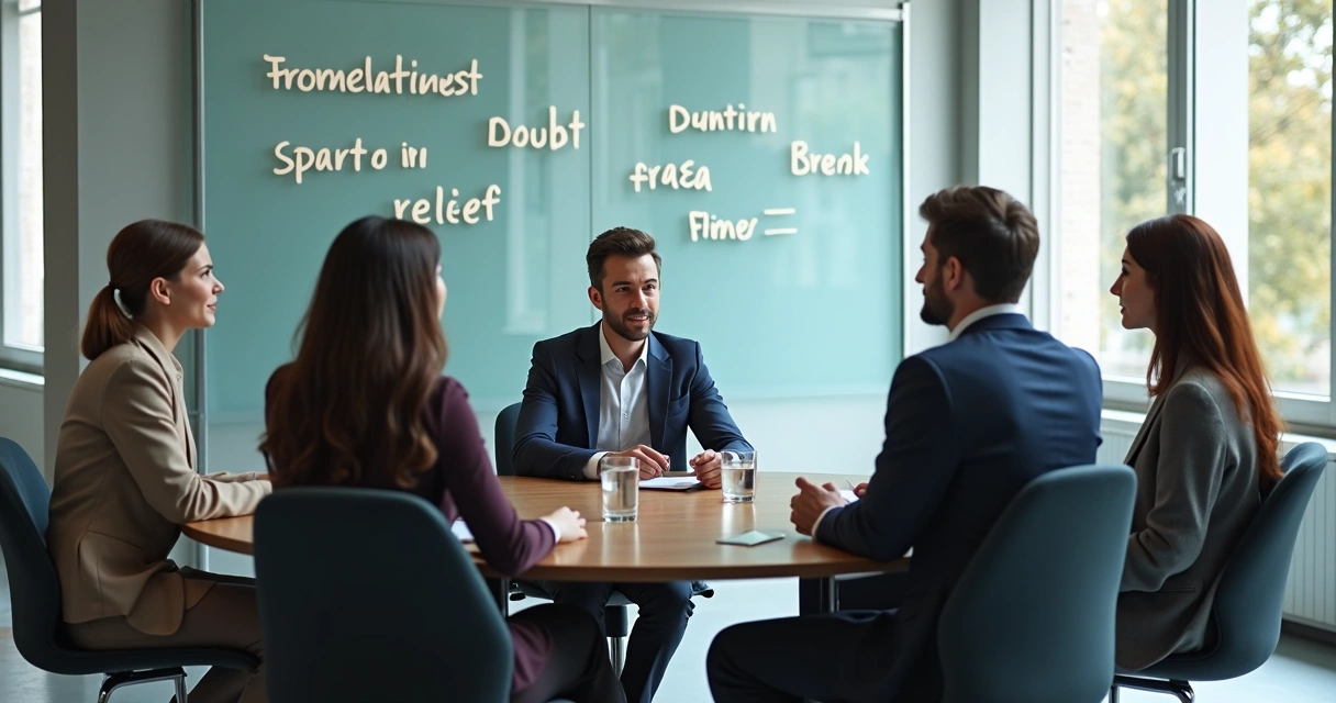 Small team in a calm meeting with emotion notes on a glass board 