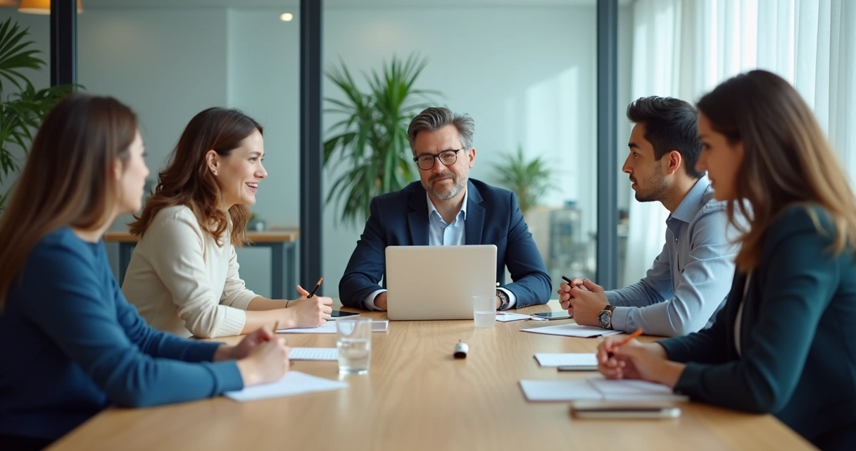 Team seated in quiet reflection during a meeting 
