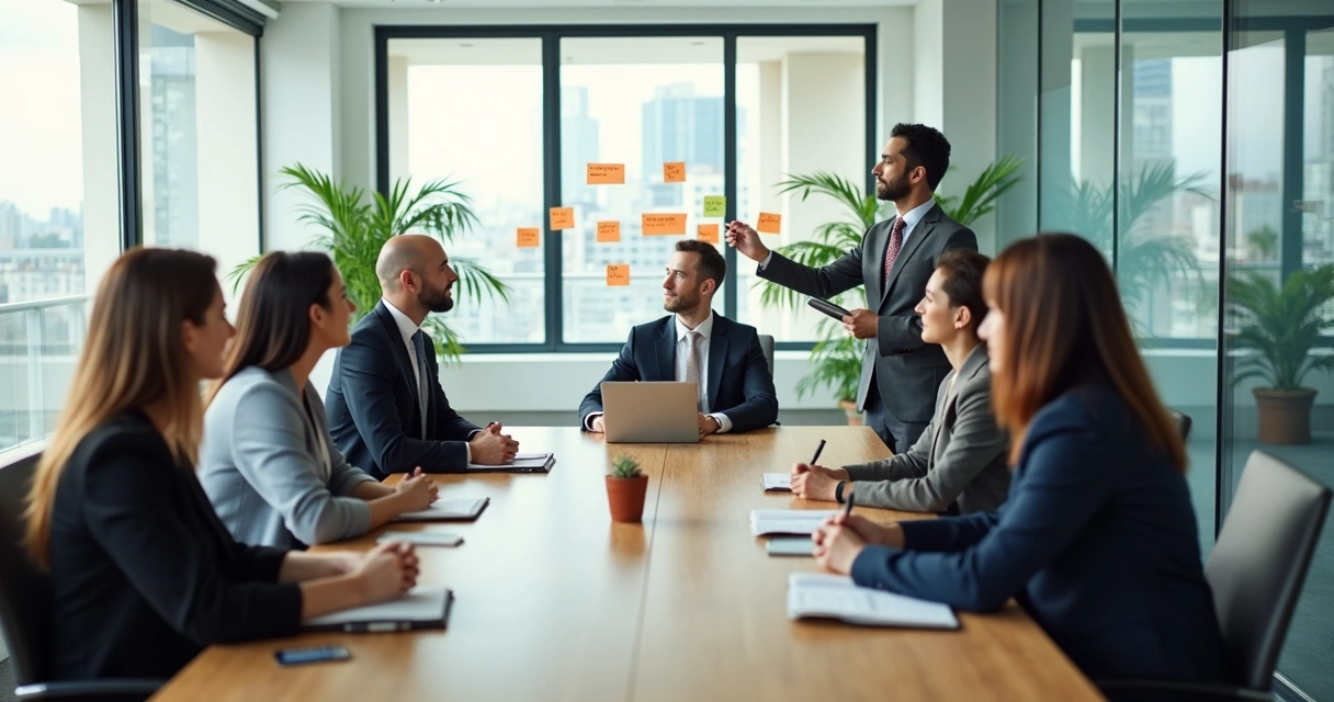 Team seated in a calm meeting with notes on a glass wall