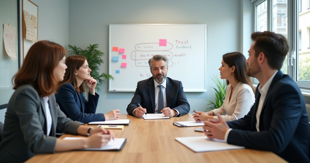 Team in a reflective meeting around a table with notes and calm body language