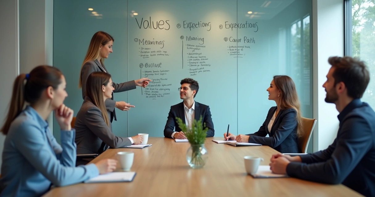 Team members reflecting in a meeting room with notes on a glass wall