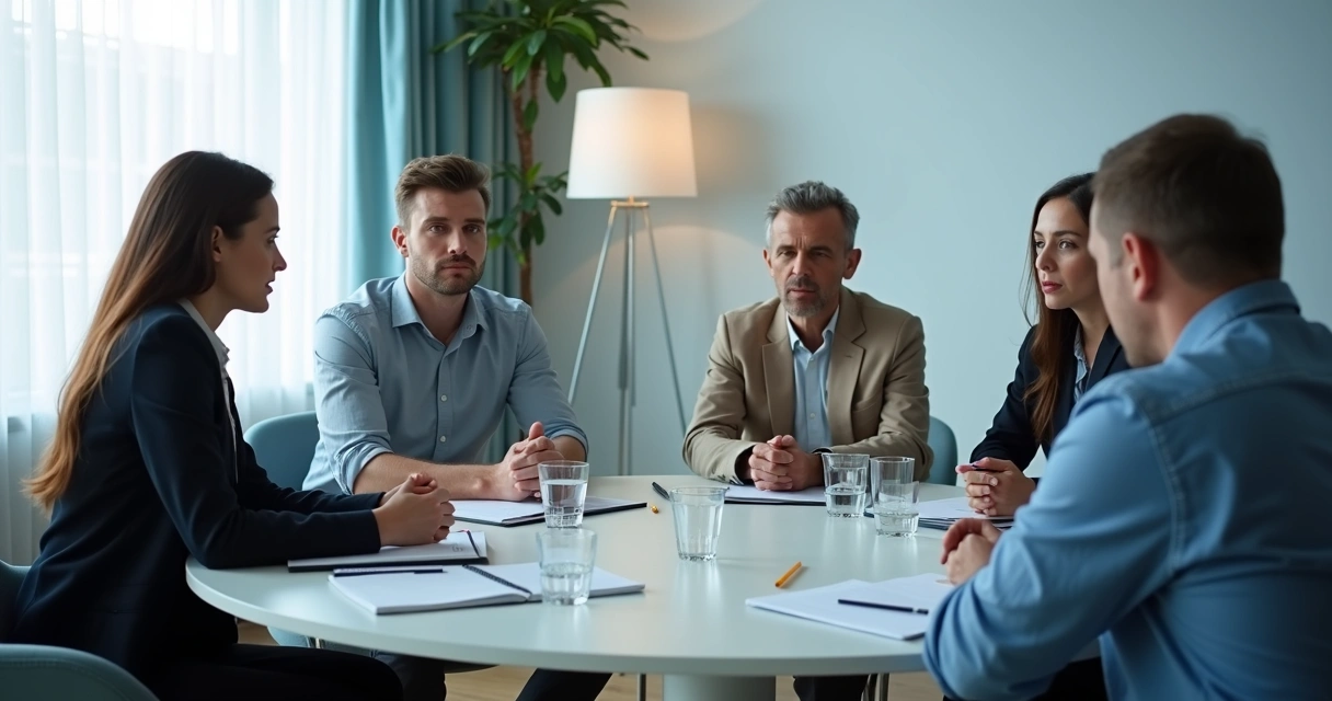 Small team in a calm meeting with notes on a table 