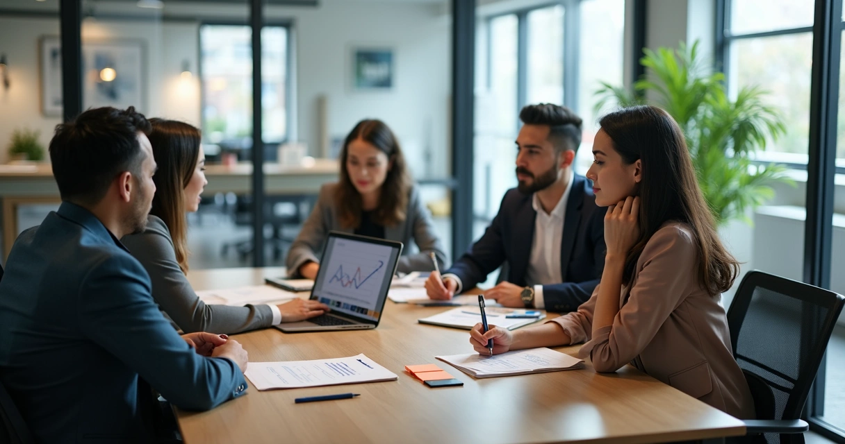 Small team pausing in a glass meeting room with notes and charts