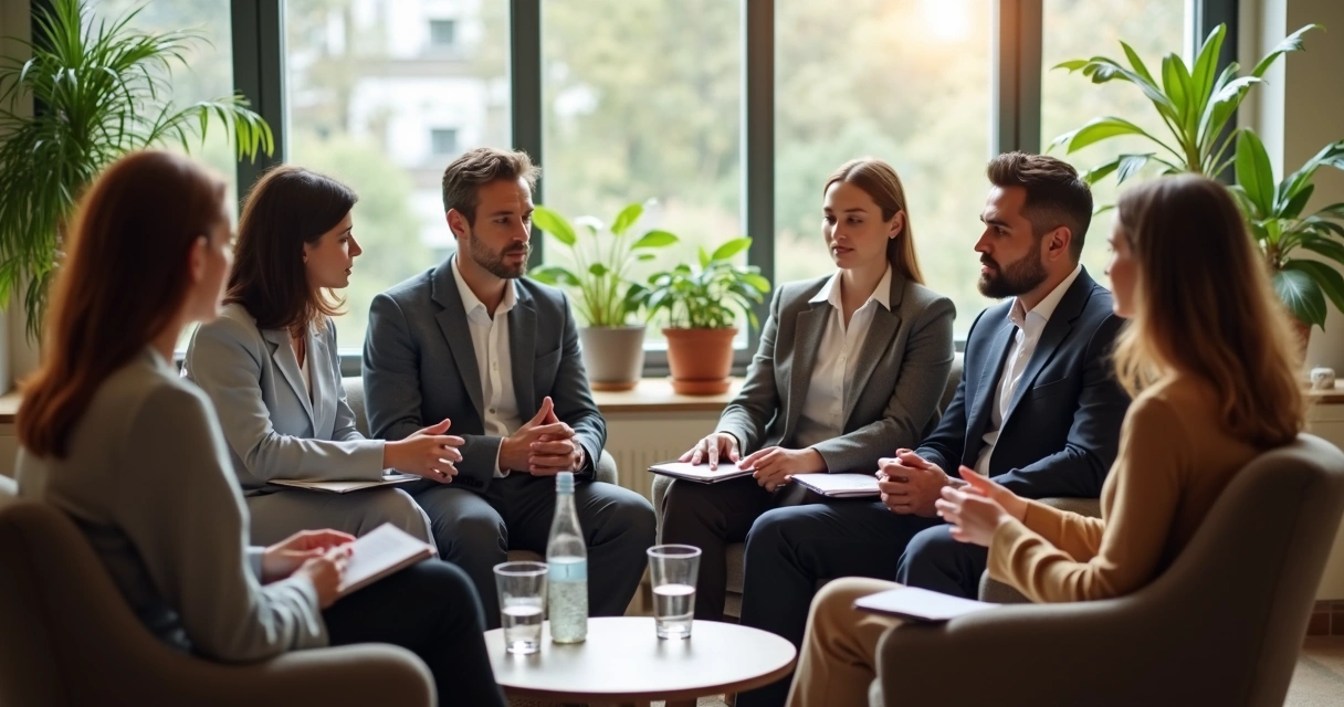 Team in quiet reflective meeting at work