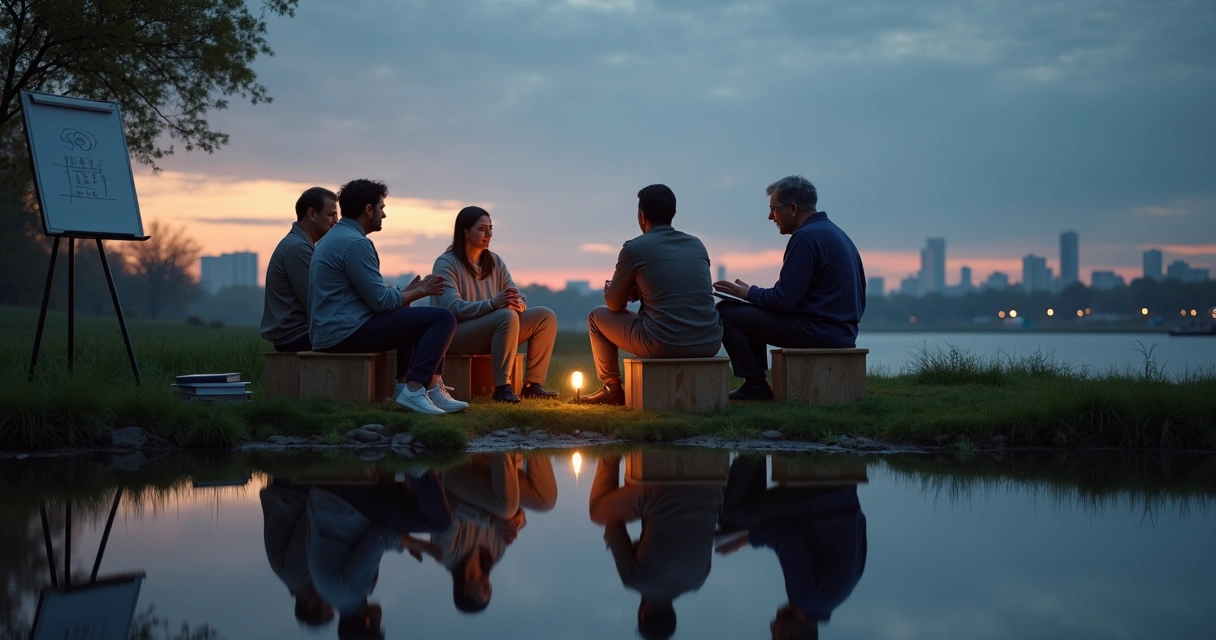 Diverse team seated in a circle by a calm riverbank at dusk, reflected in the water 