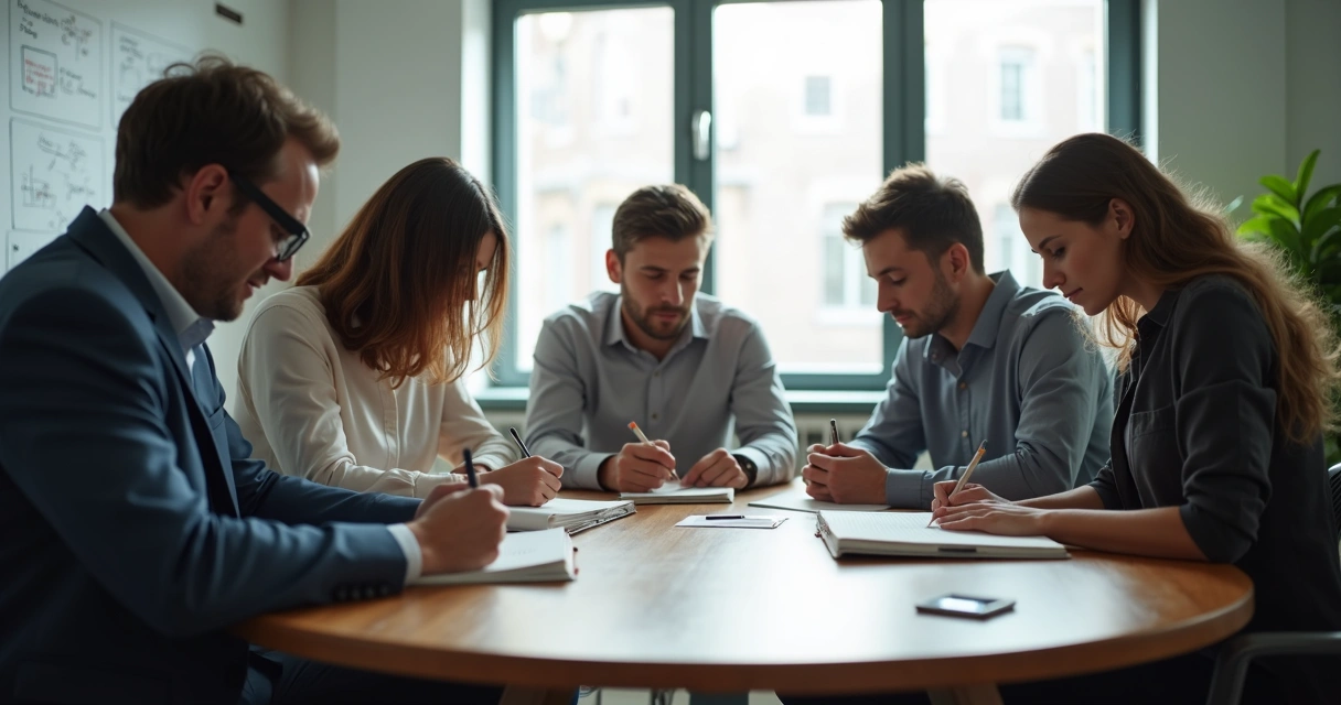 Colleagues sitting in a modern office, quietly reflecting individually with notepads 