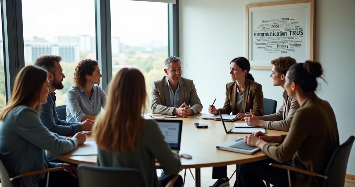 Team in a meeting room practicing conscious reflection and open discussion 