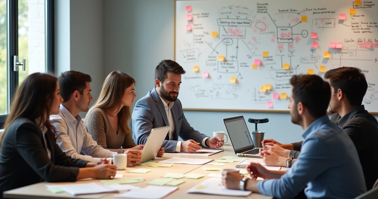 Business team reflecting around a table with notes 