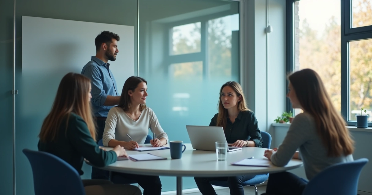 Team members reflected in an office window during a meeting