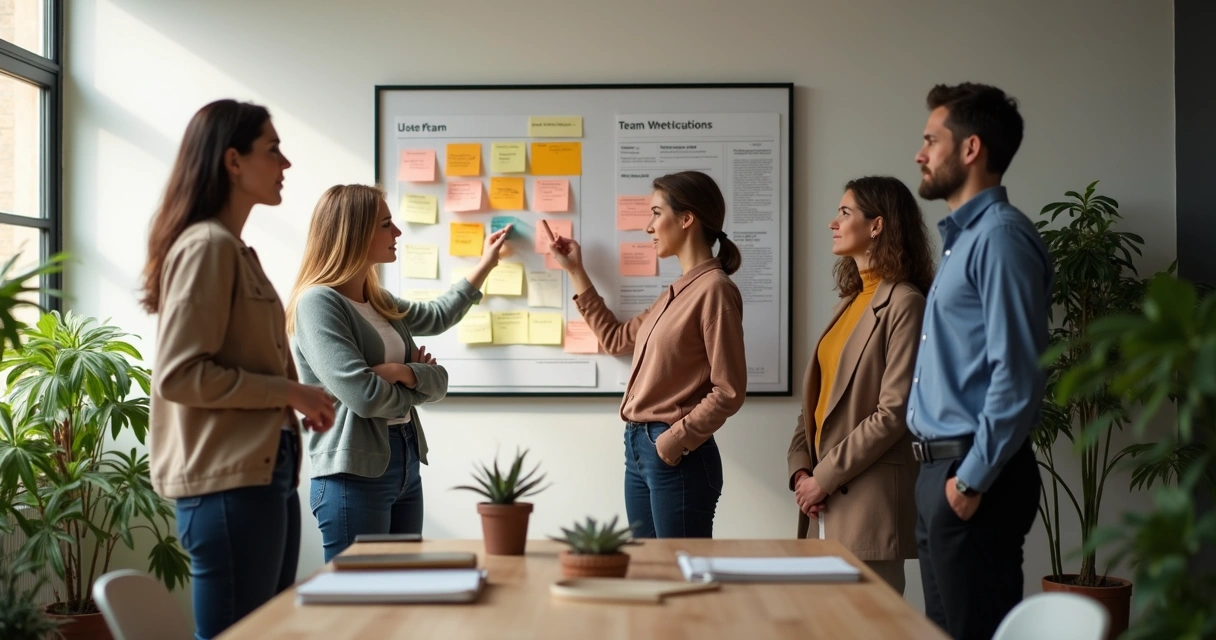 Coworkers reviewing team wellbeing notes on a wall in an office