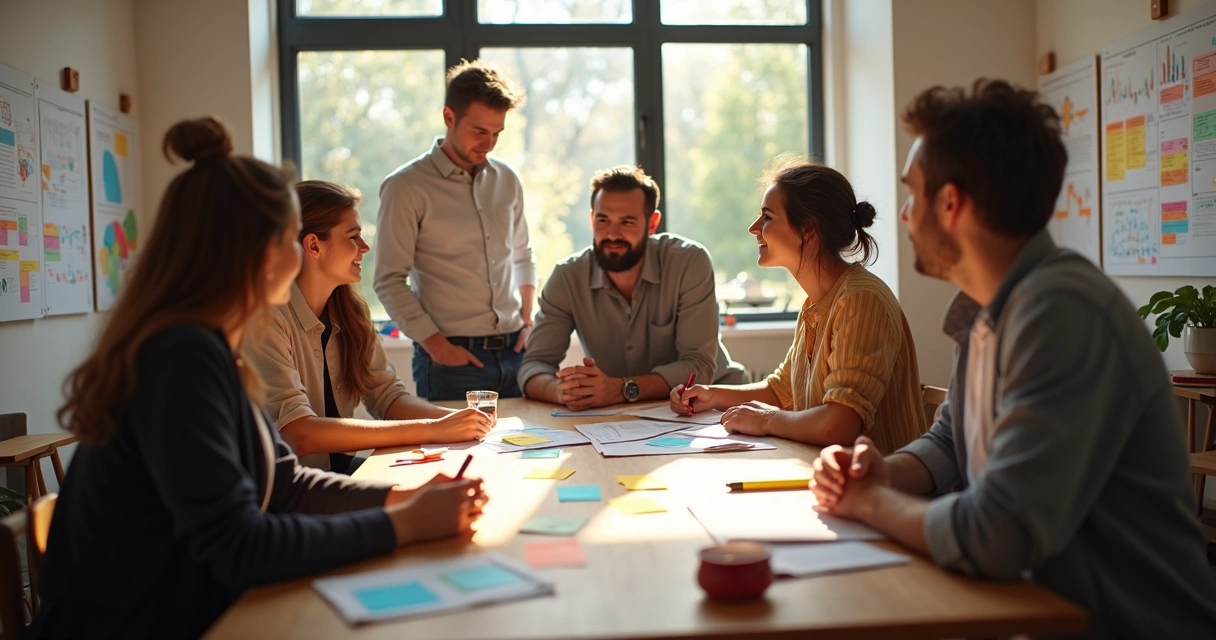 Team collaborating in a relaxed workshop space with sticky notes and charts 