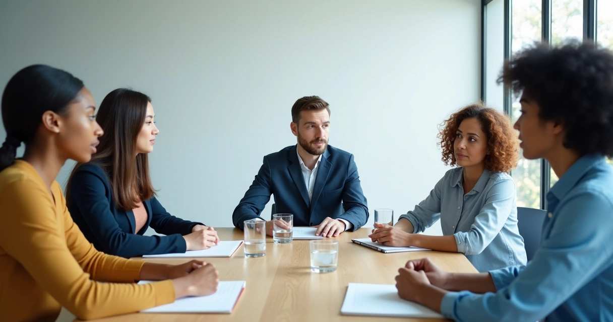 Small team in a calm meeting with notebooks and attentive posture 