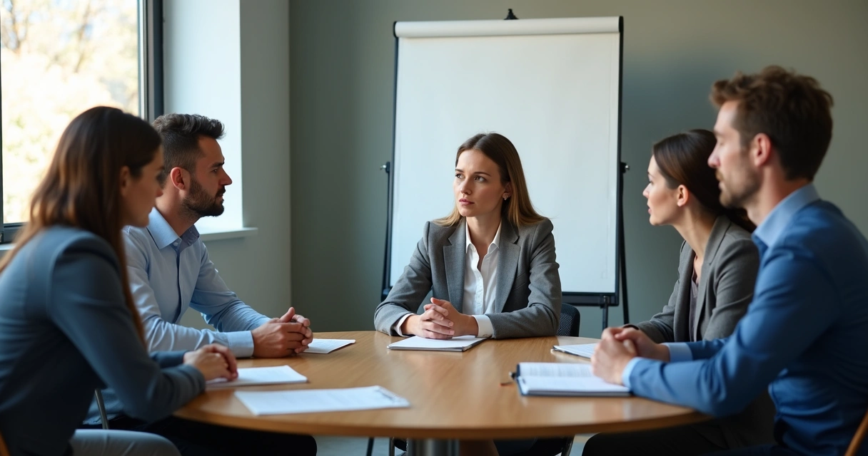 Team in a calm meeting with one person speaking and others listening