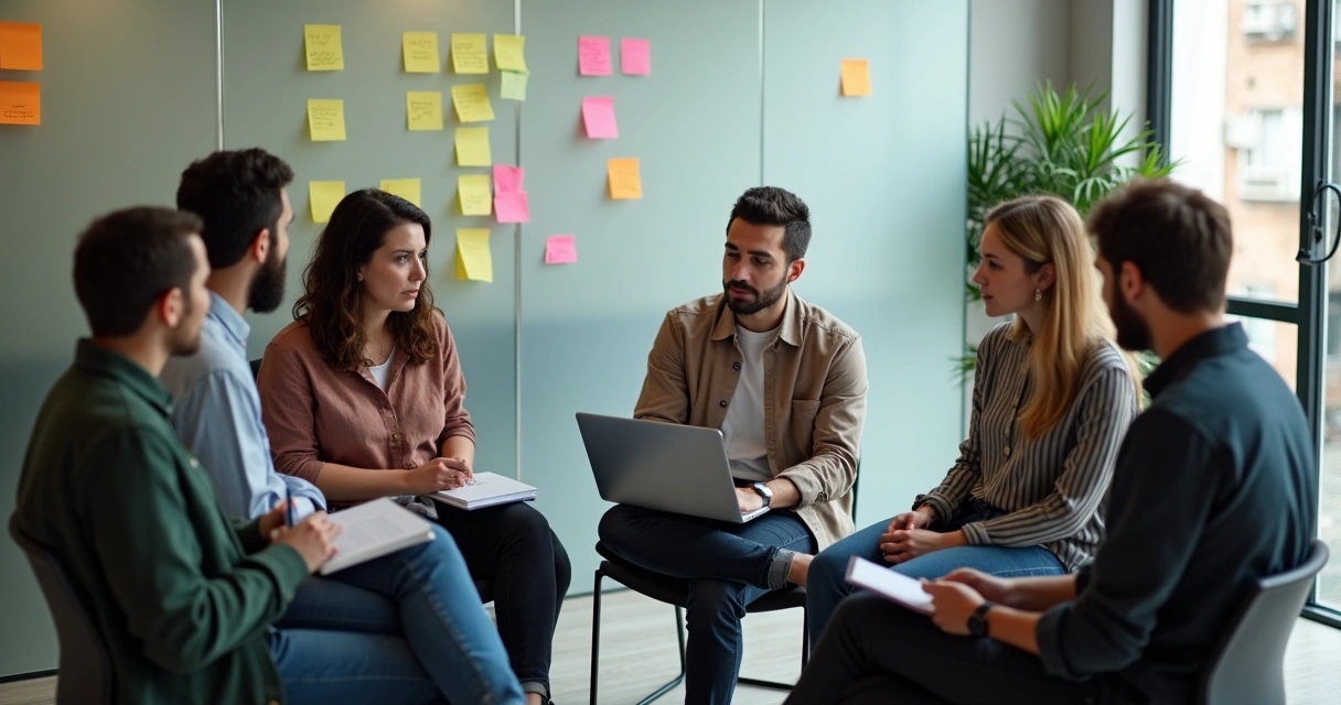 Team gathered in a casual setting during a reflective pause moment