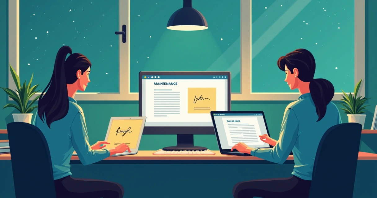 Team using laptops remotely with digital signature app during maintenance 