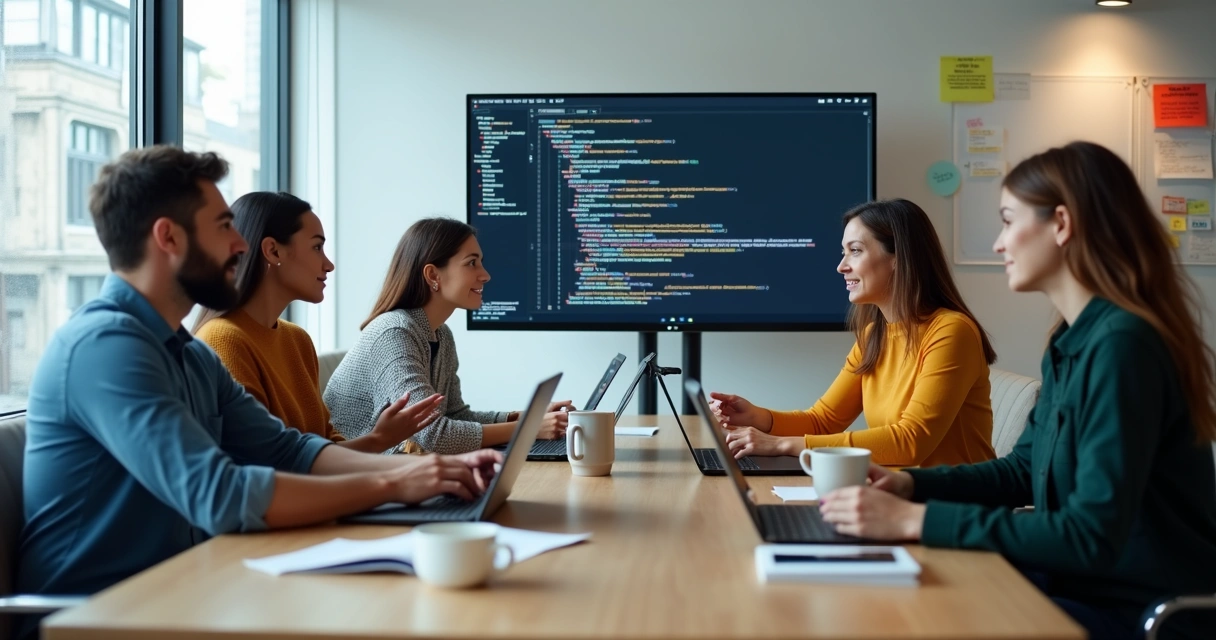Remote development team working together on laptops at a table 