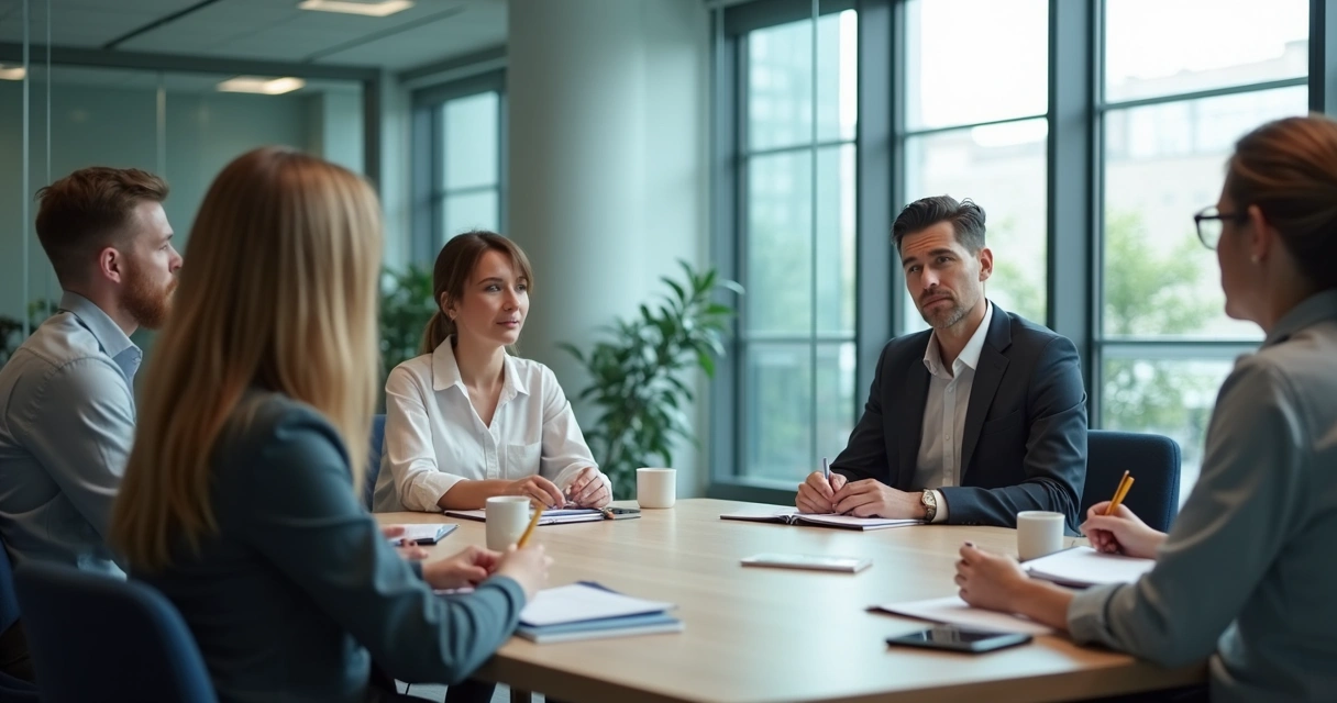 Team seated in a calm workplace repair meeting 