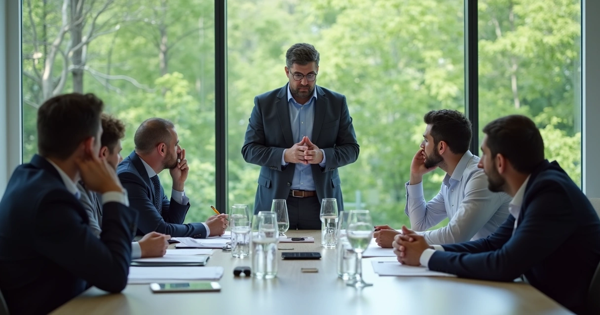 Coworkers in a meeting, some showing discomfort as one apologizes